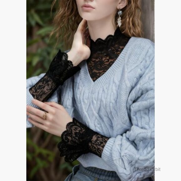Long Sleeve Lace Mesh Top High Neck Sheer Blouse Floral Going Out - Picture 3 of 7